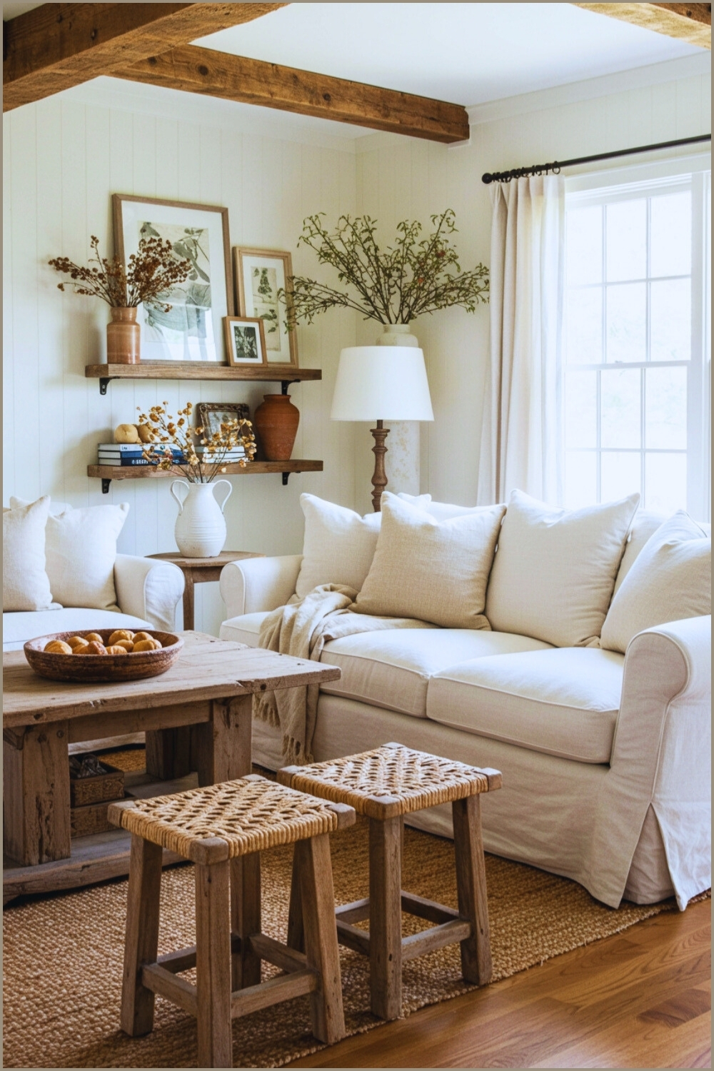 Rustic Cozy Living Room With White Slipcovered Sofas Throw Pillows