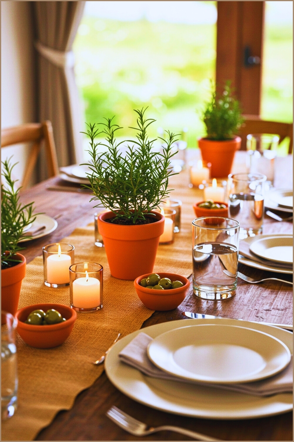 Rustic Dining Table Burlap Runner Potted Rosemary