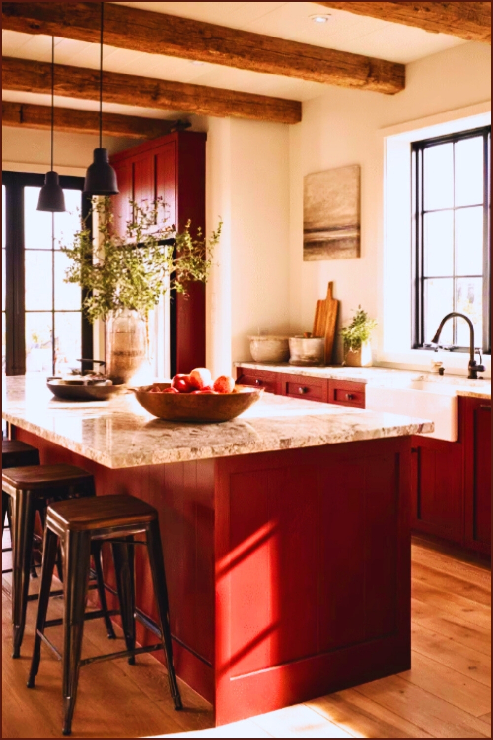 Rustic Farmhouse Kitchen Oxblood Red Shaker Cabinets