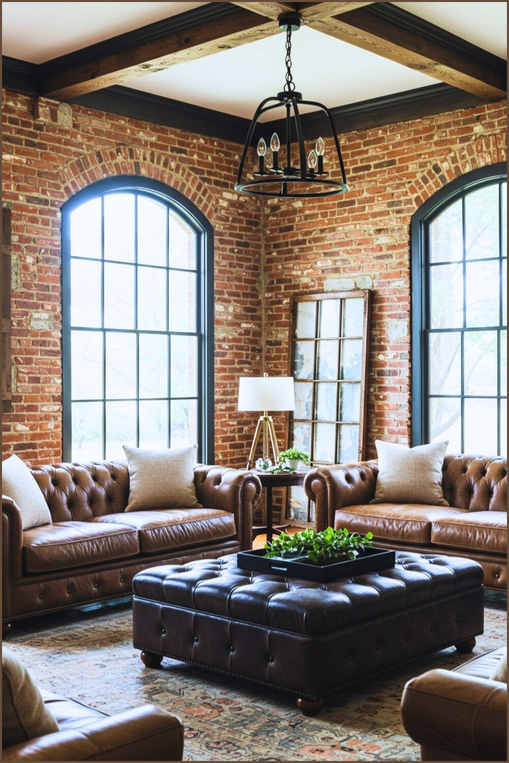 Rustic Industrial Living Room Brick Walls And Wood Beams
