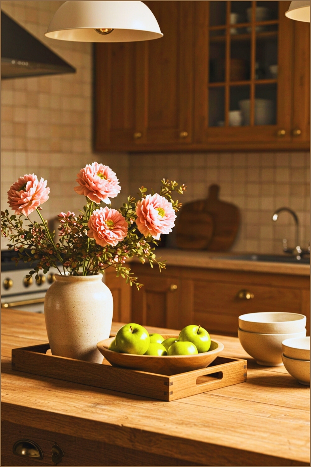 Rustic Kitchen Counter Fresh Apples Wooden Bowl