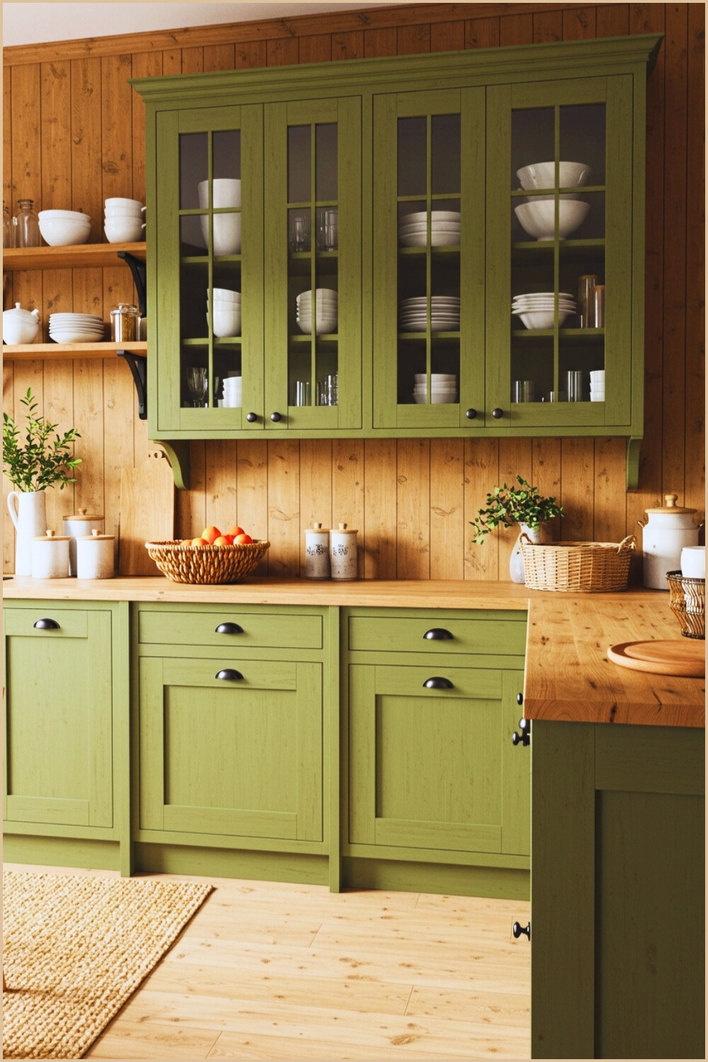 Rustic Kitchen Olive Green Shaker Cabinets