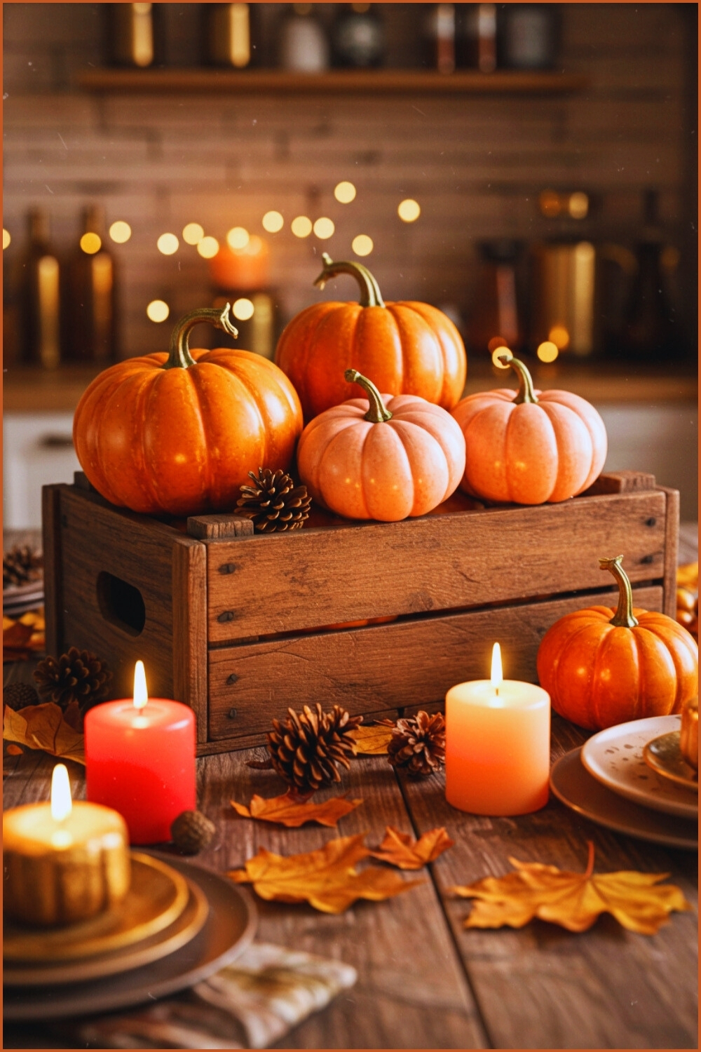Rustic Kitchen Tablescape Pumpkins  Wooden Crate