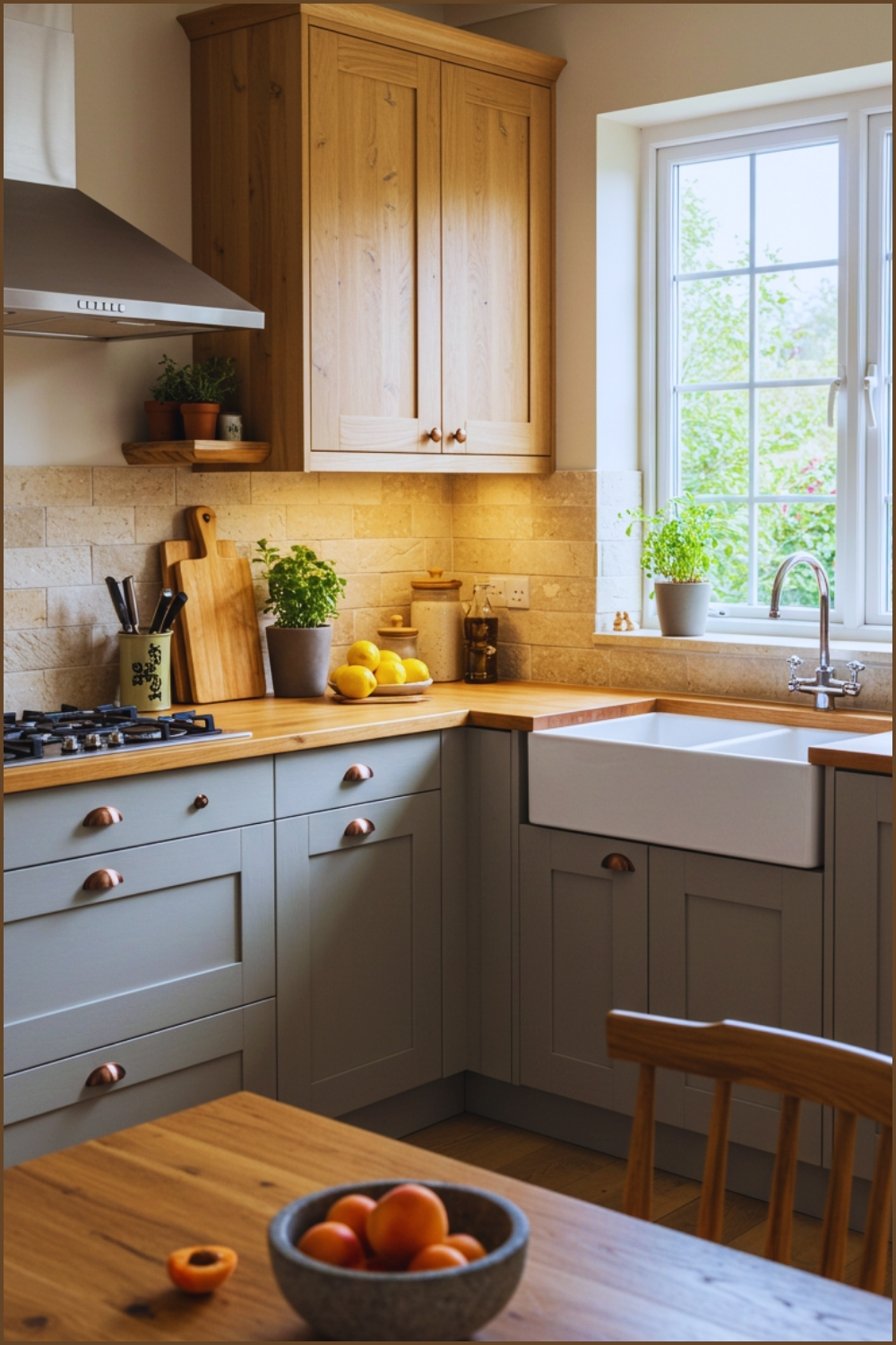 Rustic L-shaped Kitchen With Garden View