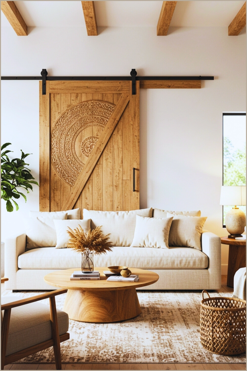 Rustic Living Room Carved Barn Door