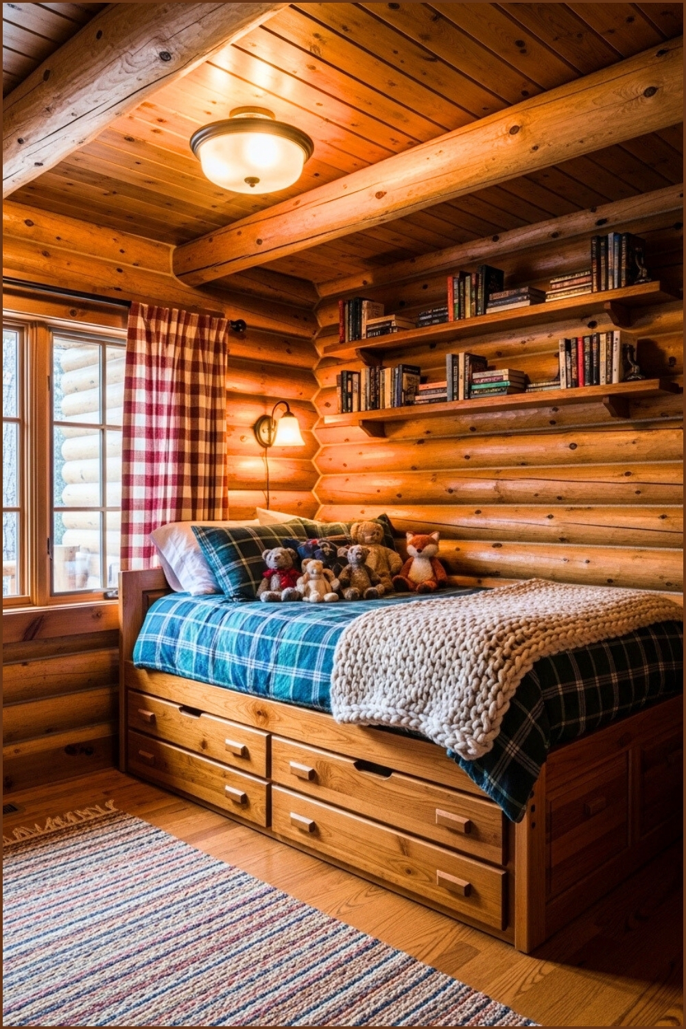 Rustic Log Cabin Boys Bedroom With Wood-paneled Walls And Ceiling