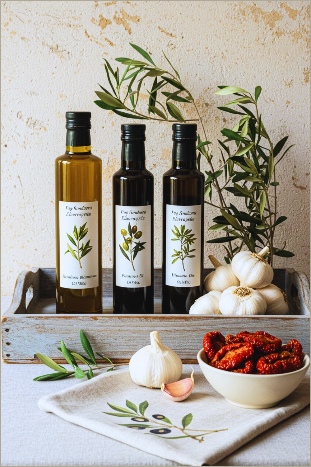 Rustic Mediterranean Olive Oil Bottles Botanicals