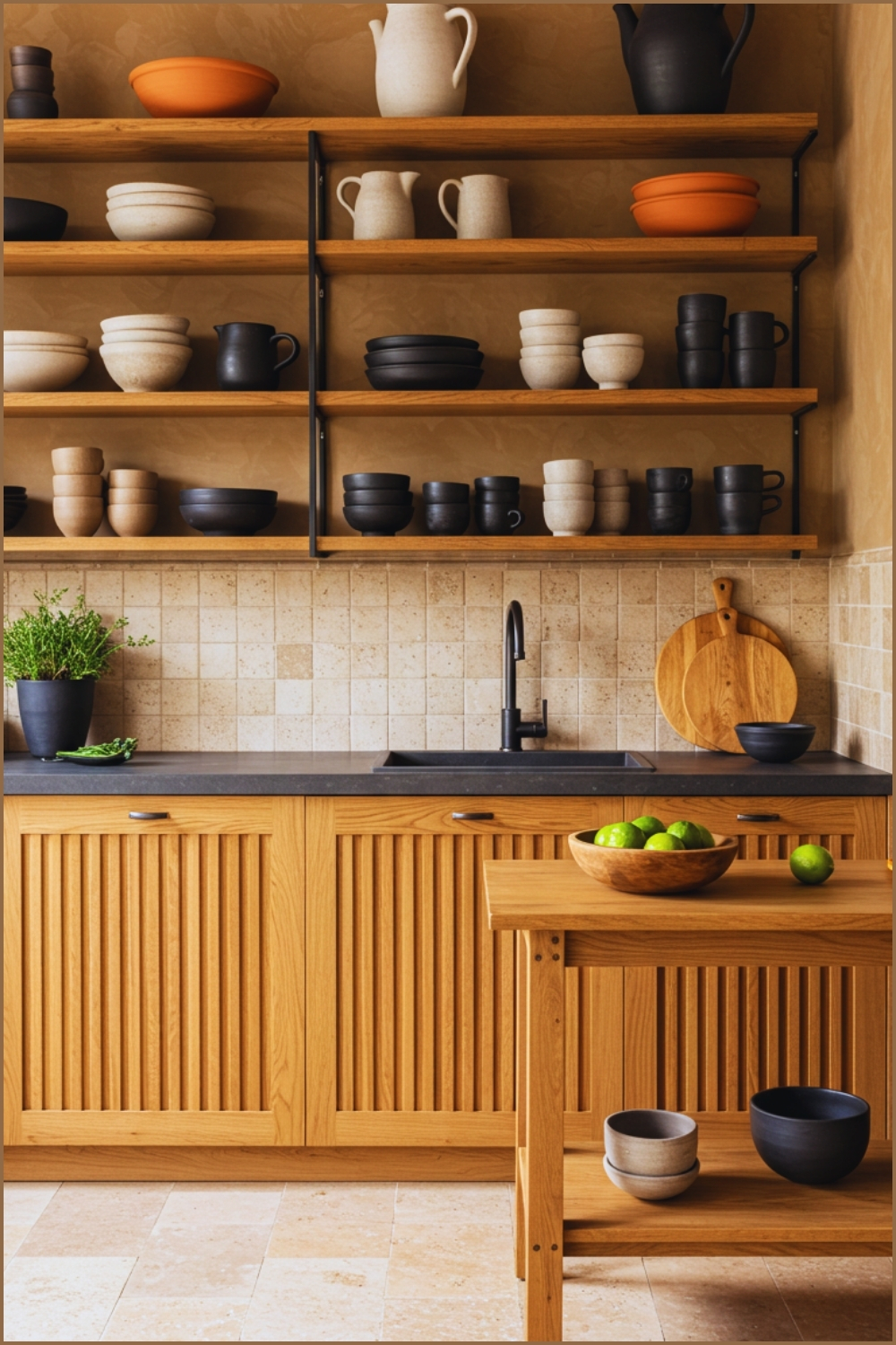 Rustic Organic Modern Kitchen Vertical Oak Slats
