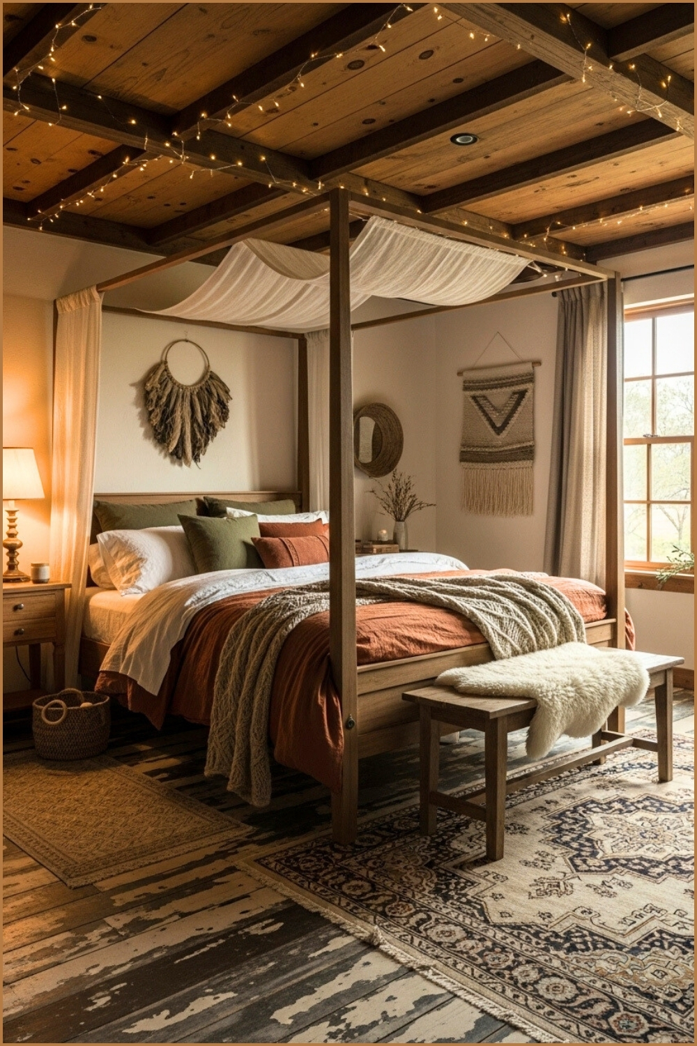 Rustic Romantic Bedroom With Wooden Furniture, Exposed Ceiling Beams