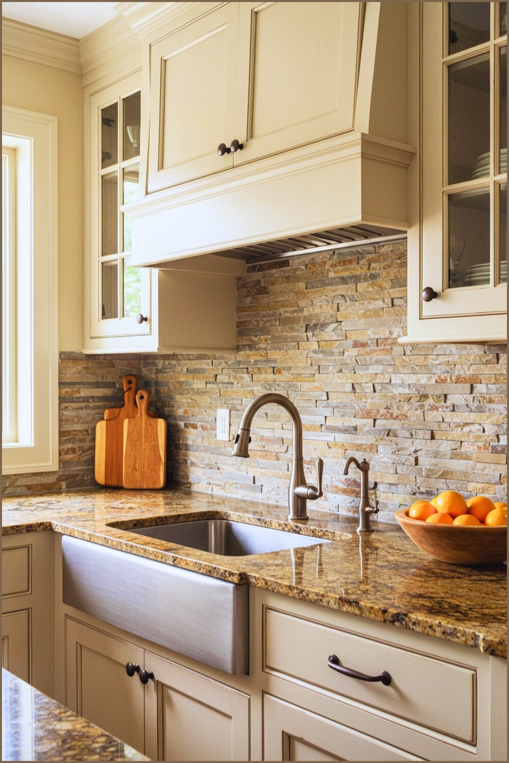 Rustic Transitional Kitchen Sink Stacked Cabinets