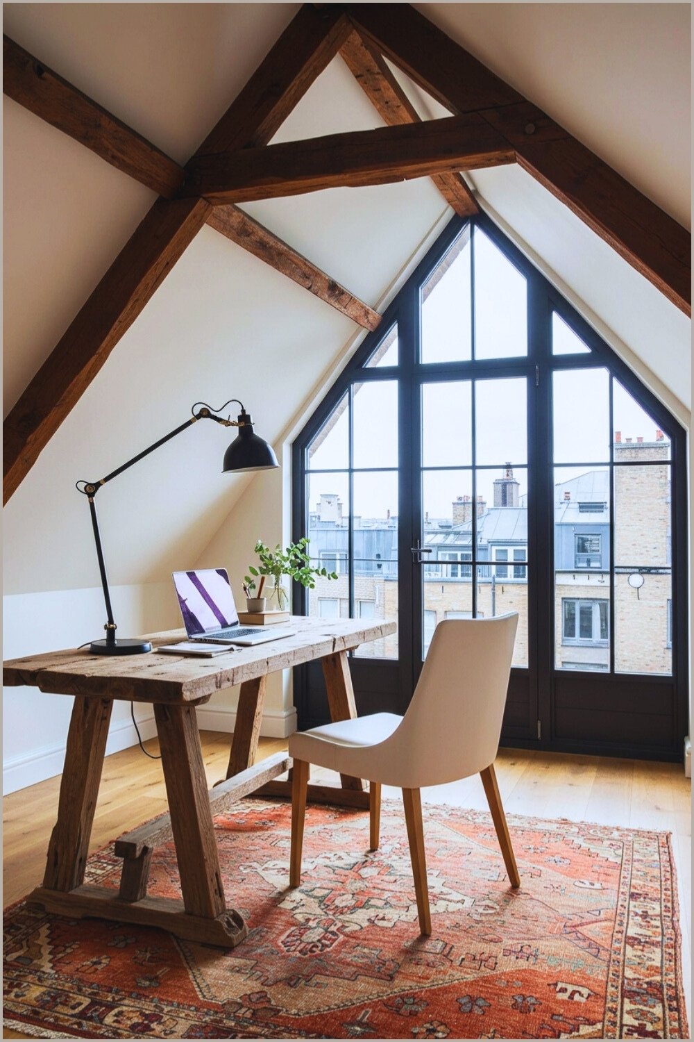 Rustic Wood Desk White Chair Black Windows