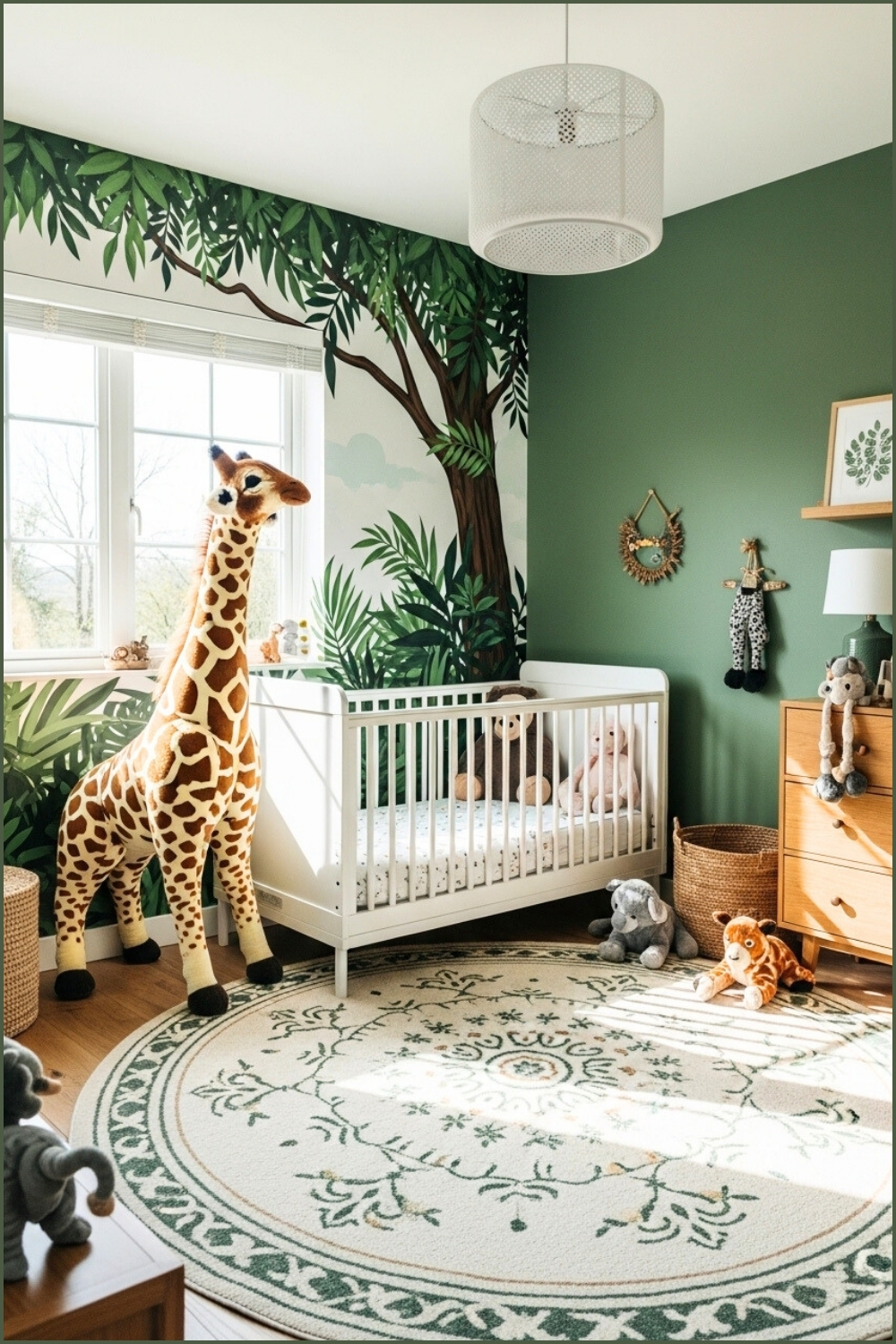 Safari-themed Boys Bedroom With Jungle Mural Wall, Large Plush Giraffe
