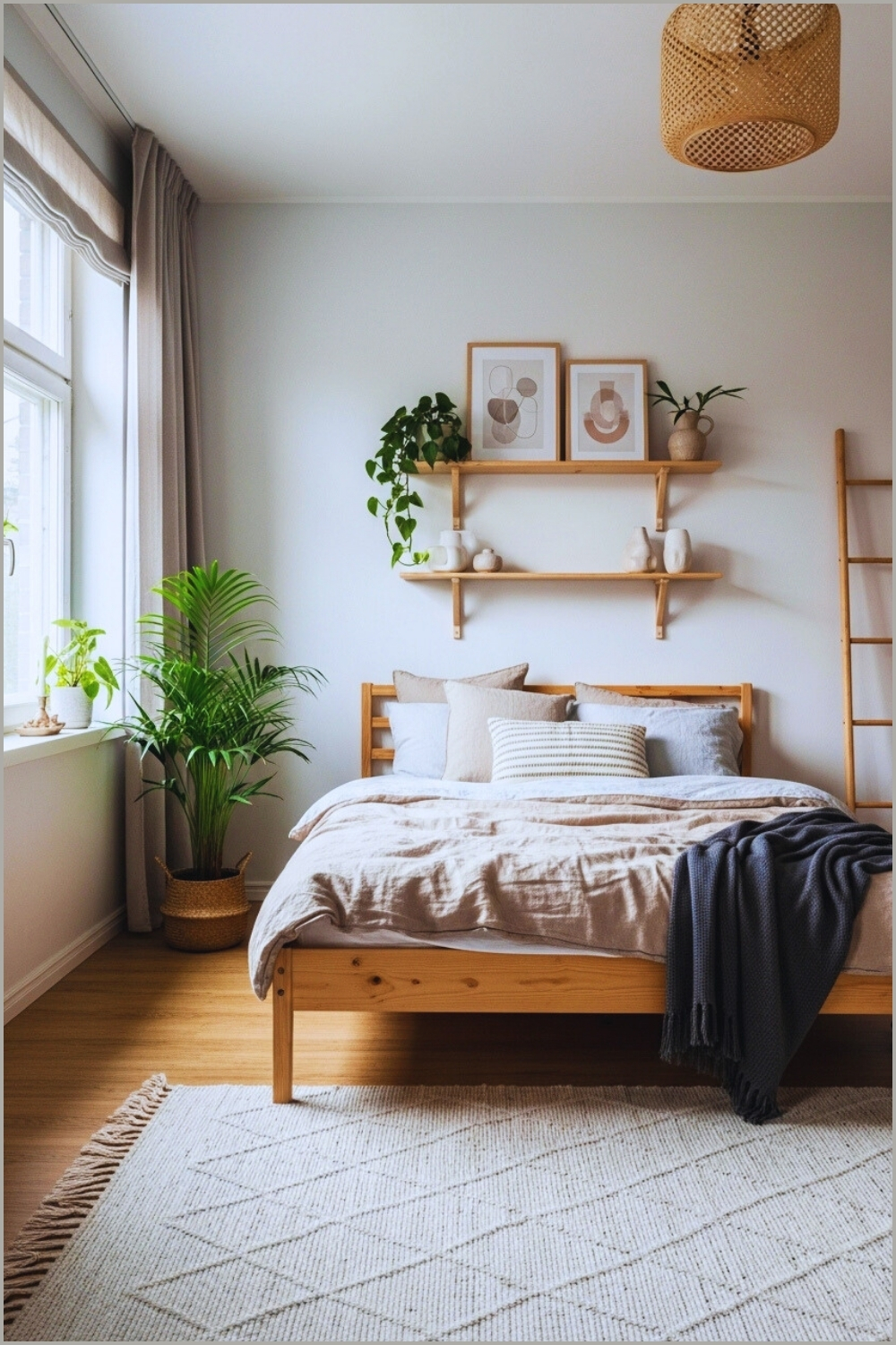 Scandinavian Bedroom With Floating Wooden Shelves Decorated With Potted Plants