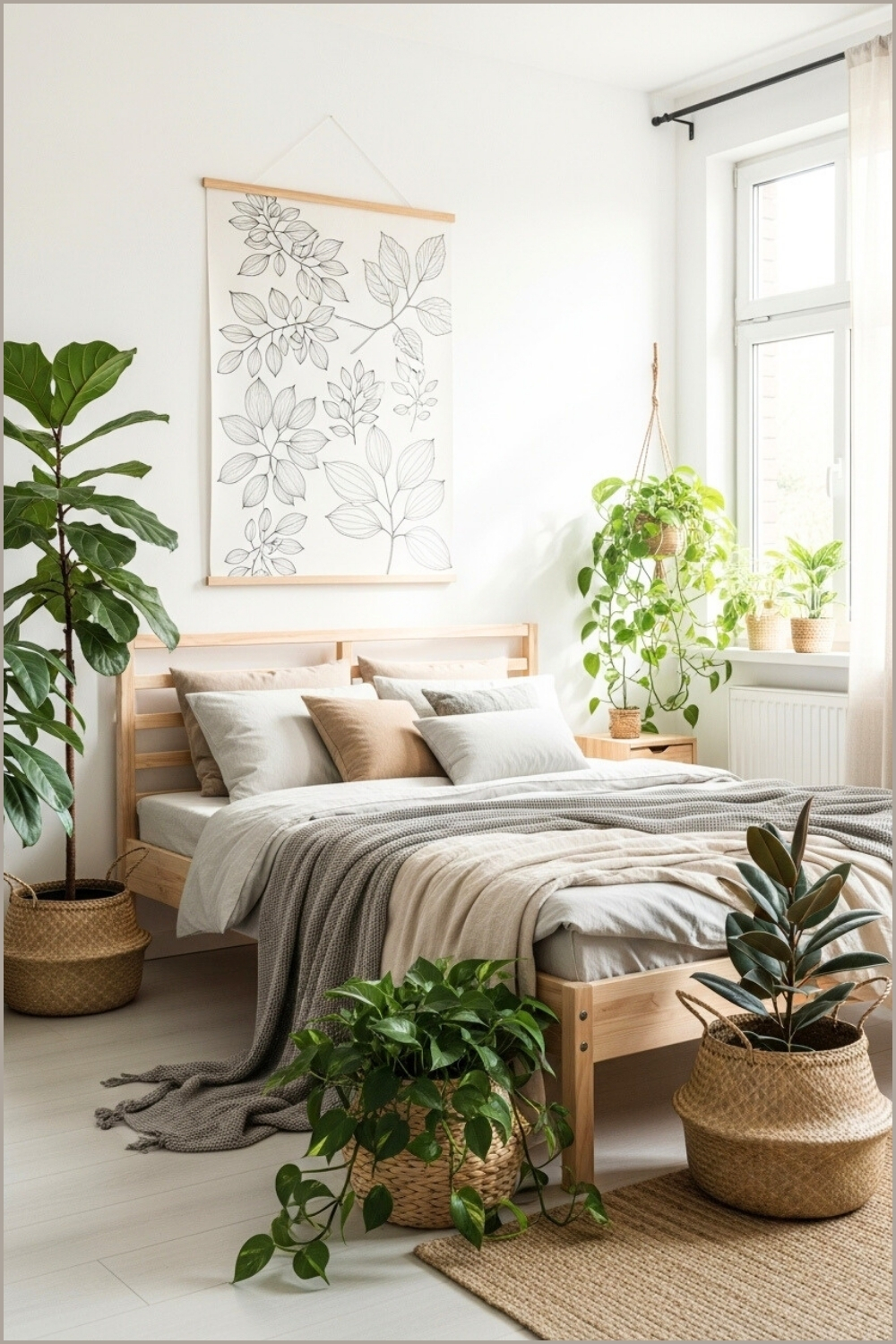 Scandinavian Inspired Bedroom, Wooden Bed Frame, Botanical Wall Art