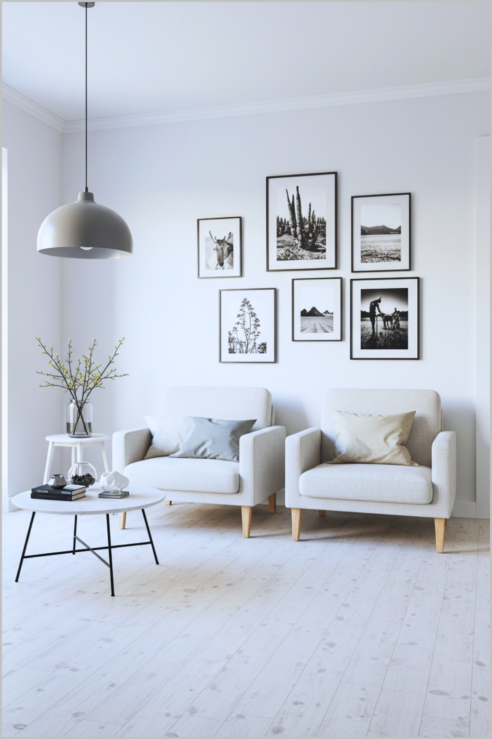 Scandinavian Minimalist Living Room With White Walls, Cozy Armchairs
