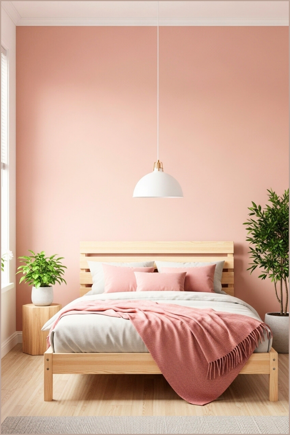 Scandinavian Style Bedroom, Pastel Blush Pink Walls, Wooden Bed Frame