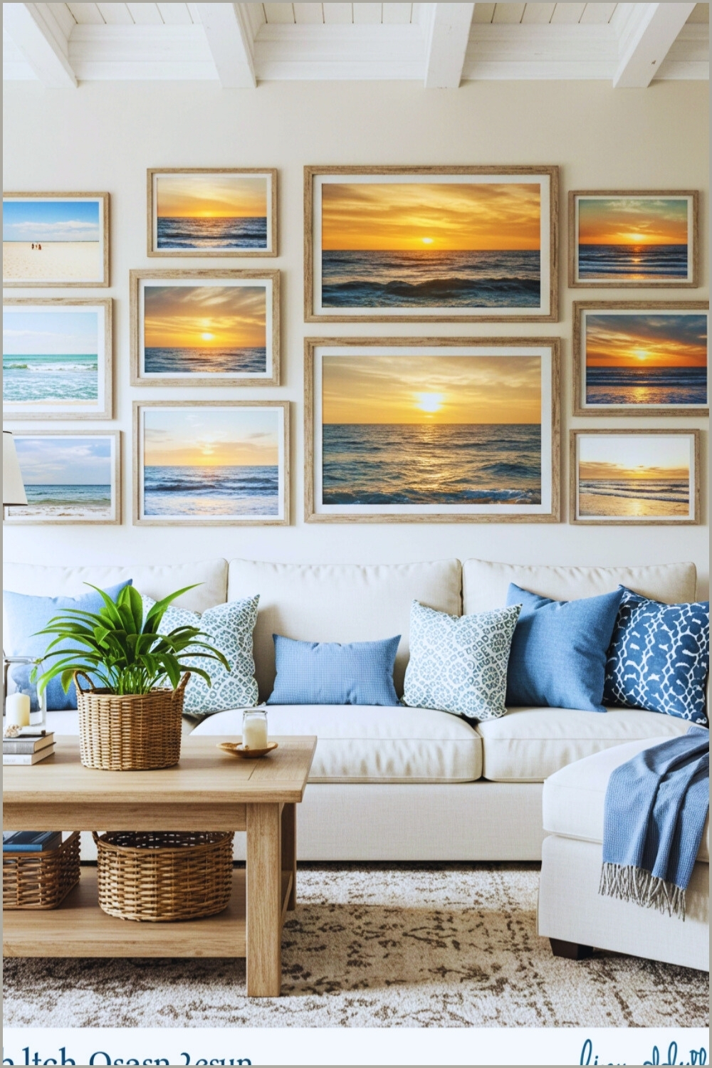Serene Living Room White Sofa And Blue Pillows