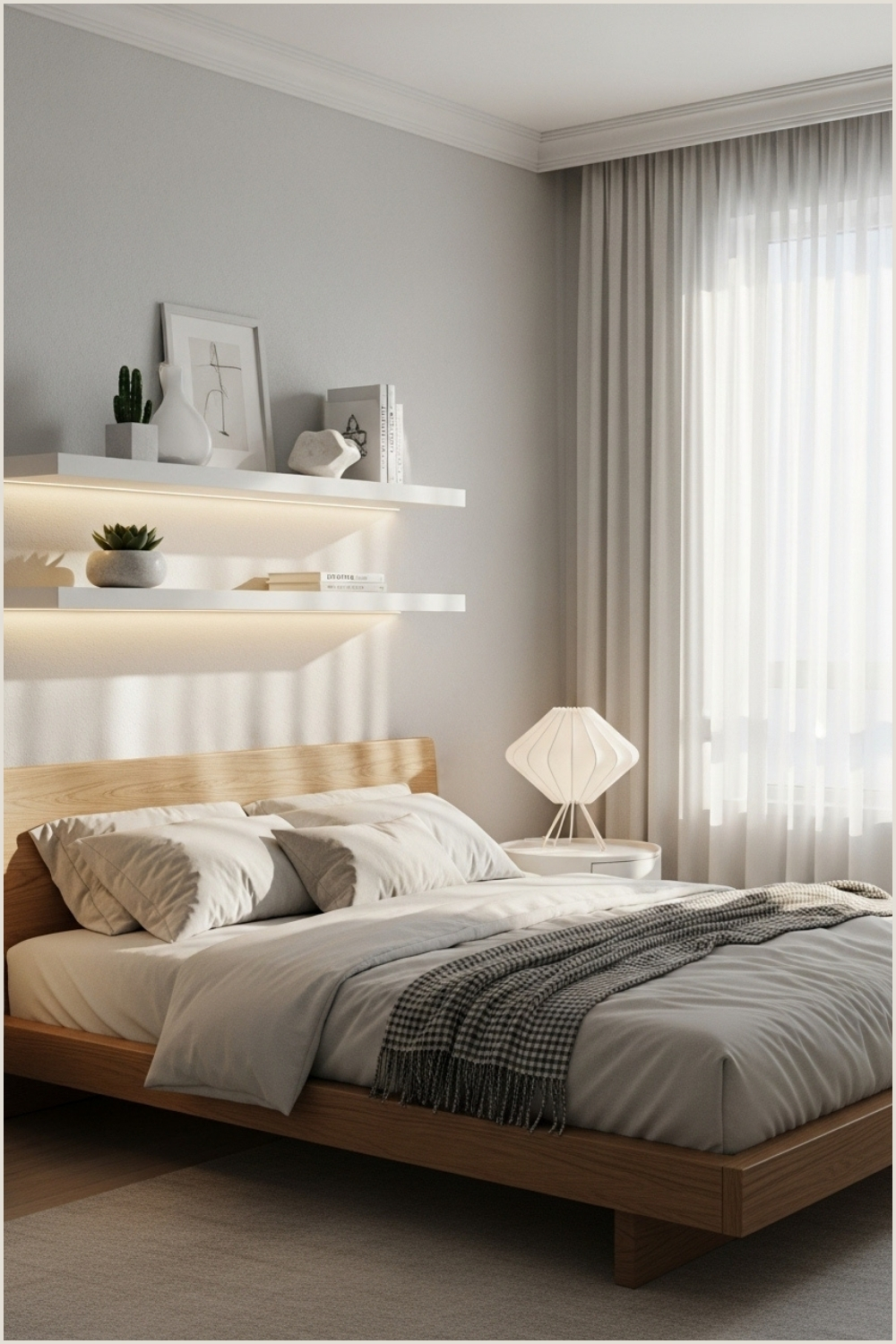 Serene Modern Bedroom Interior With Light Gray Walls Wooden Low Profile Bed