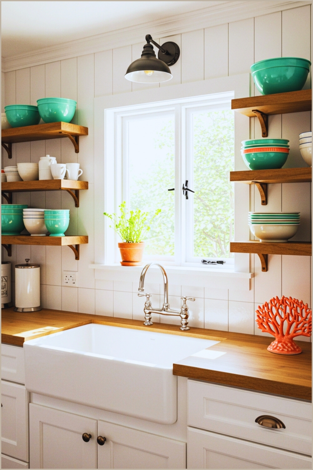 Shiplap Kitchen Shelves And Colorful Bowls