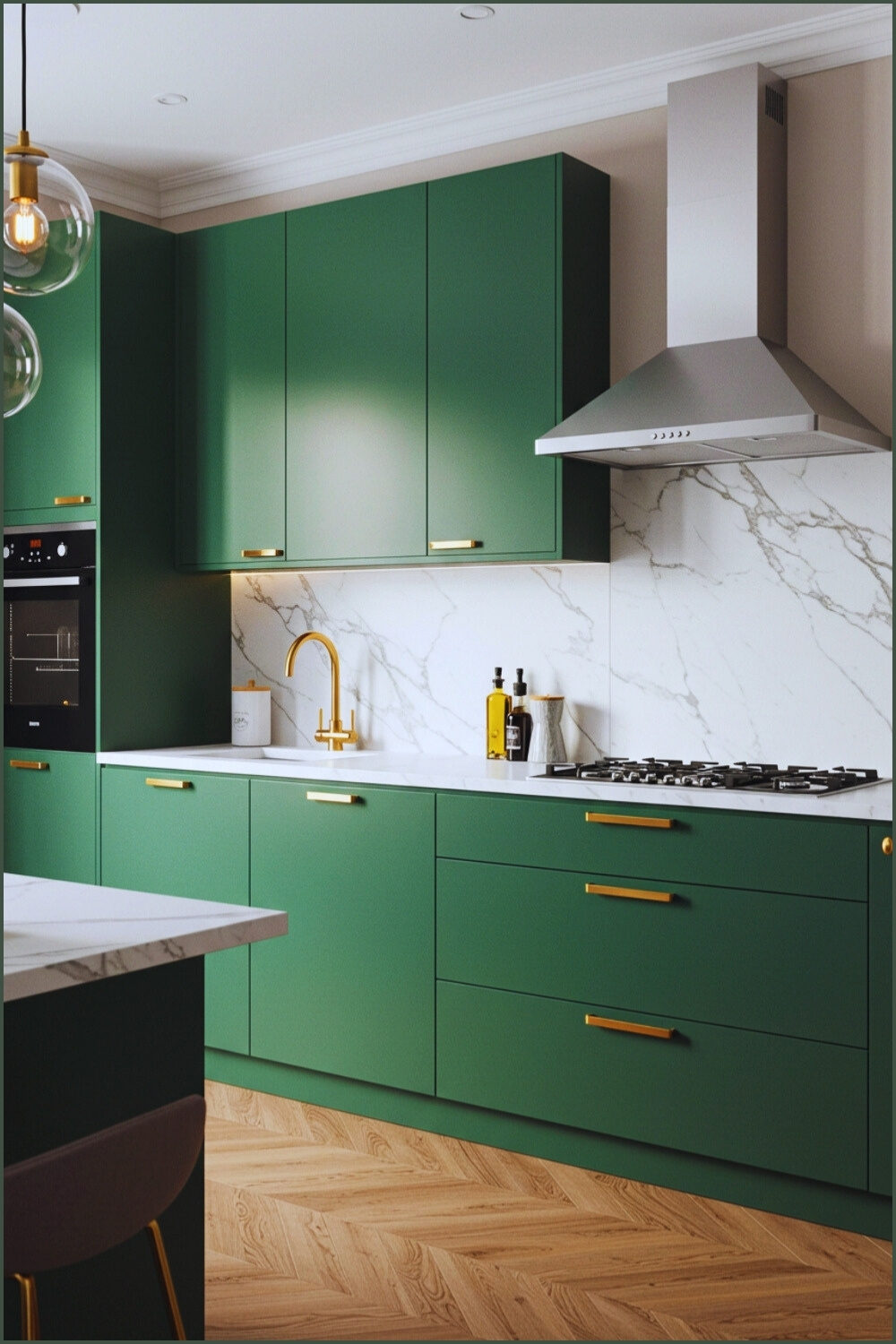 Sleek Green Glossy Cabinets Gold Handles