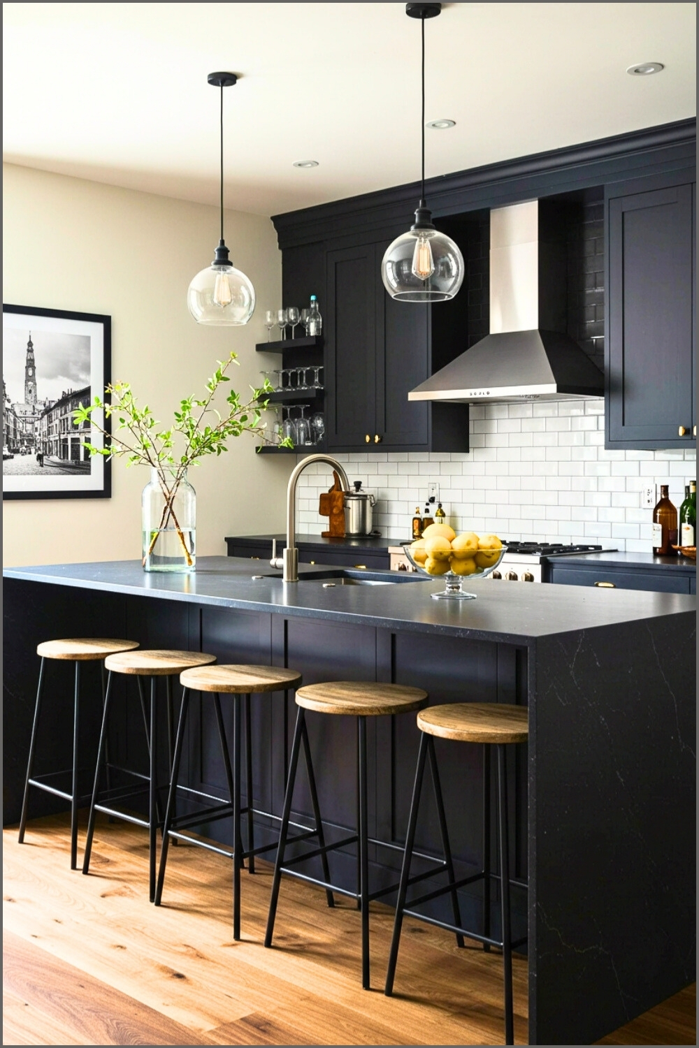 Sleek Industrial Kitchen Black Flat-panel Cabinets
