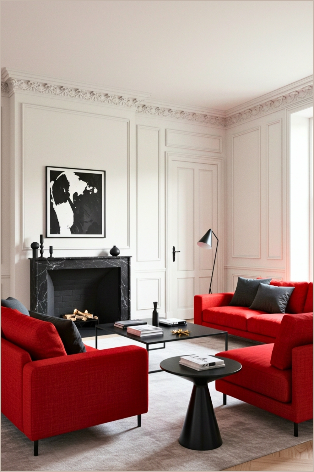 Sleek Minimalist Living Room Red Sofa Armchairs