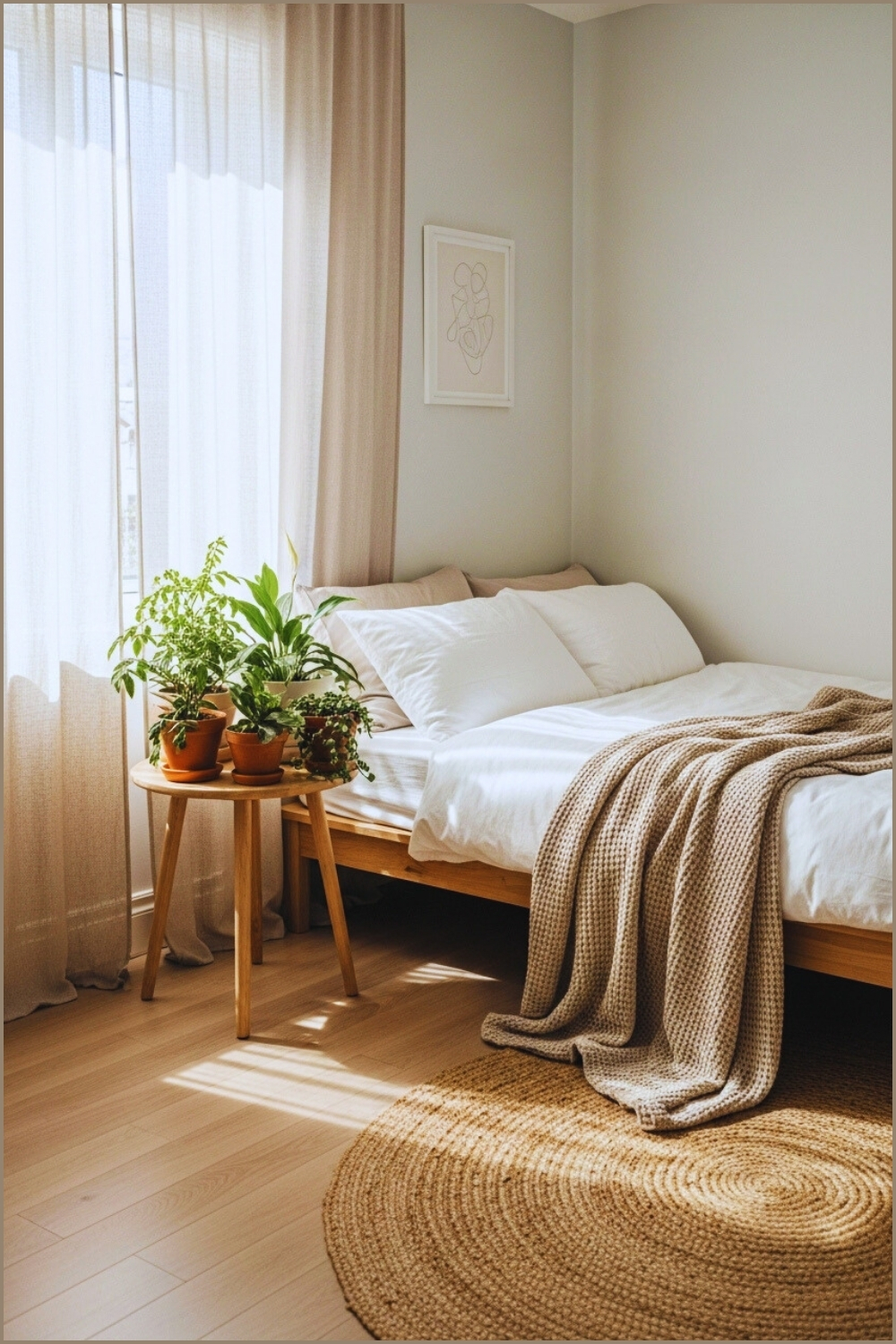 Small Cozy Minimalist Bedroom With Soft Neutral Tones Sunlight