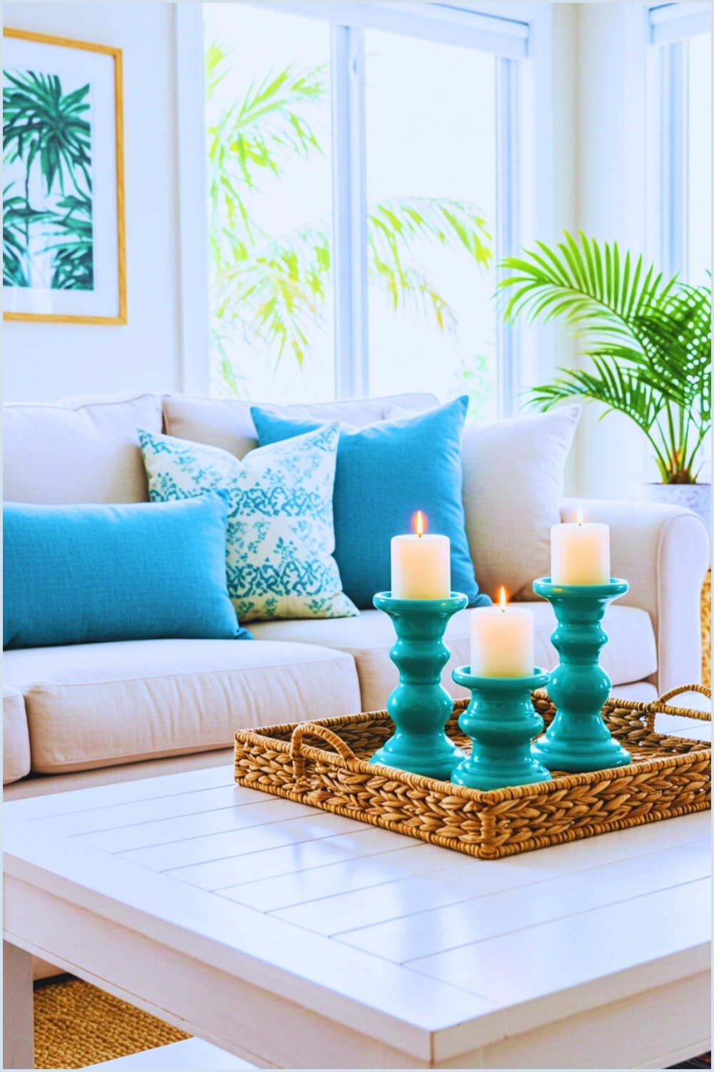 Soft White Sofa Blue Cushions Coastal Living Room