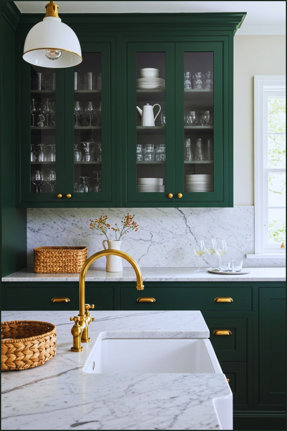 Sophisticated Green Cabinets Glass-front Doors