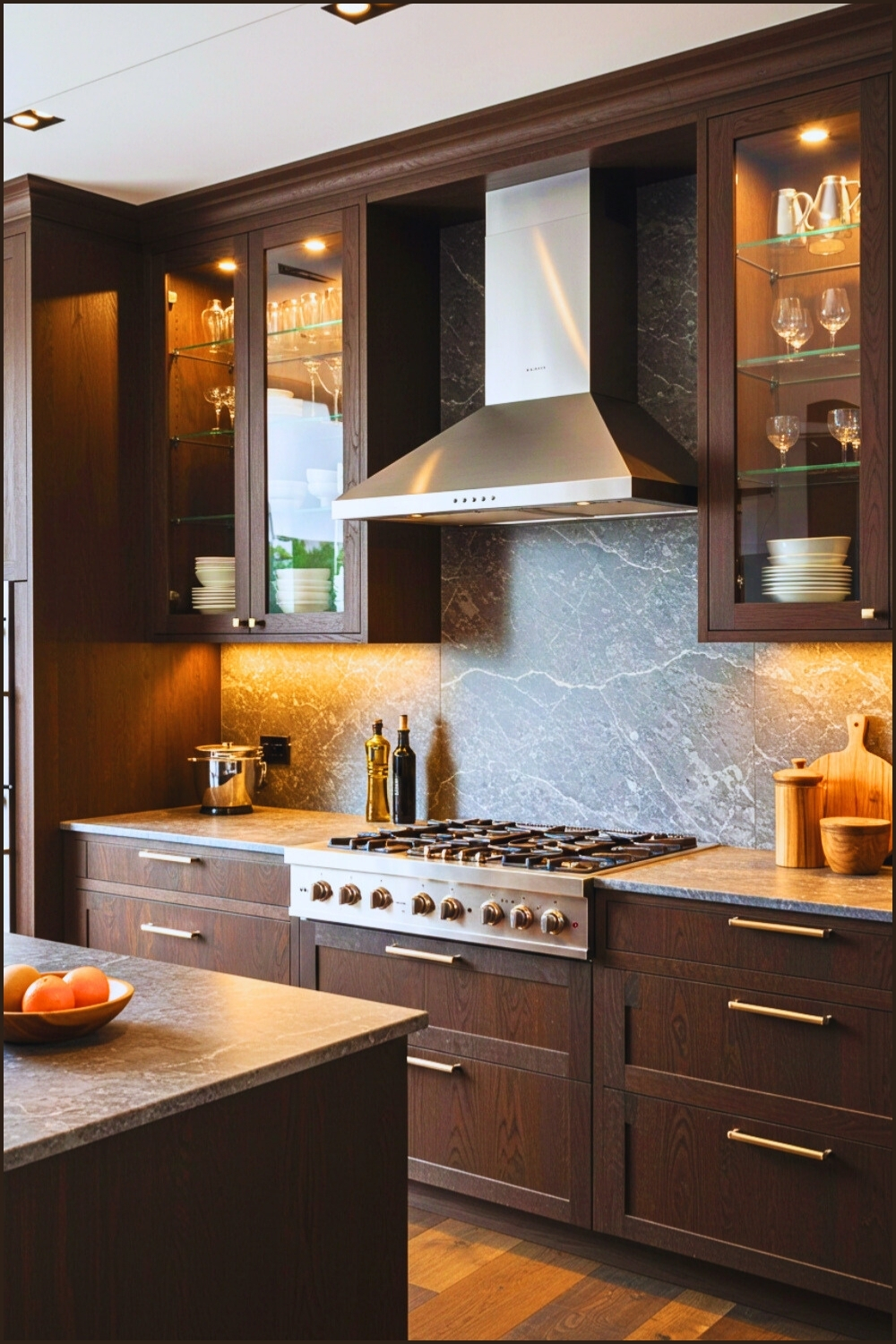 Sophisticated Kitchen Dark Wood Cabinets Gray Marble