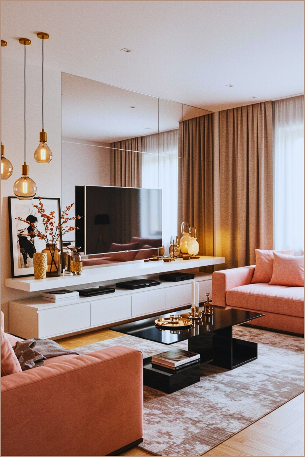 Sophisticated Living Room Pink Velvet Sofa Black Coffee Table