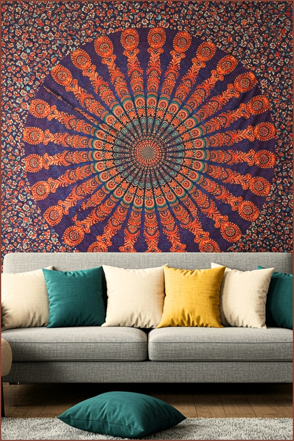 Stunning Boho Living Space With Vibrant Mandala Tapestry
