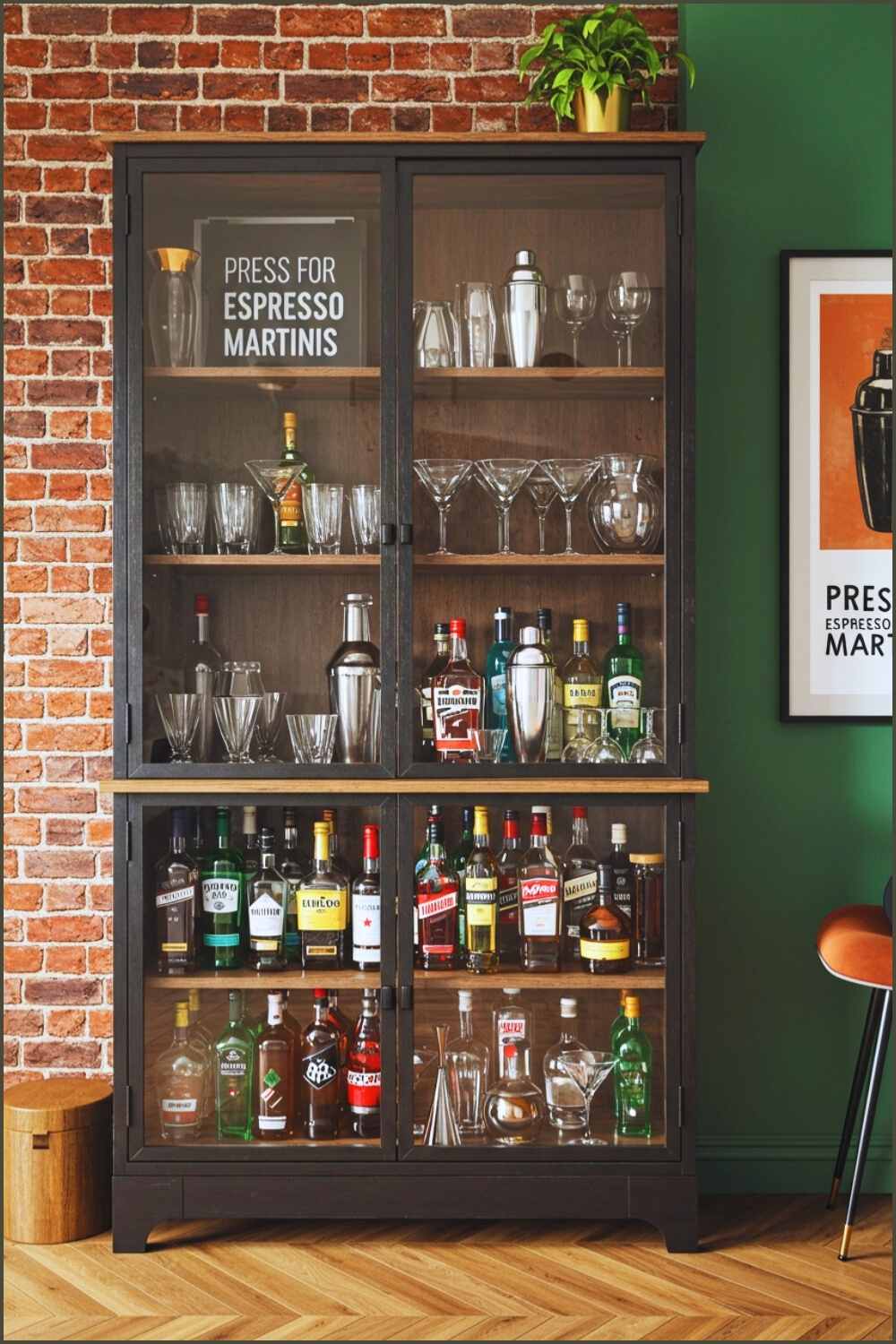 Stylish Bar Cabinet Glass Doors And Colorful Liquor