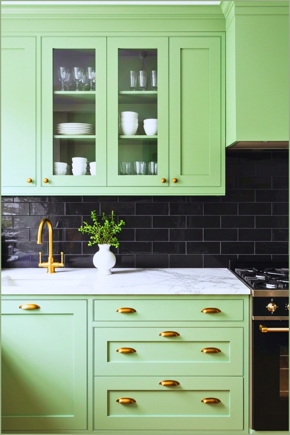 Stylish Kitchen Green Cabinets Marble Countertops