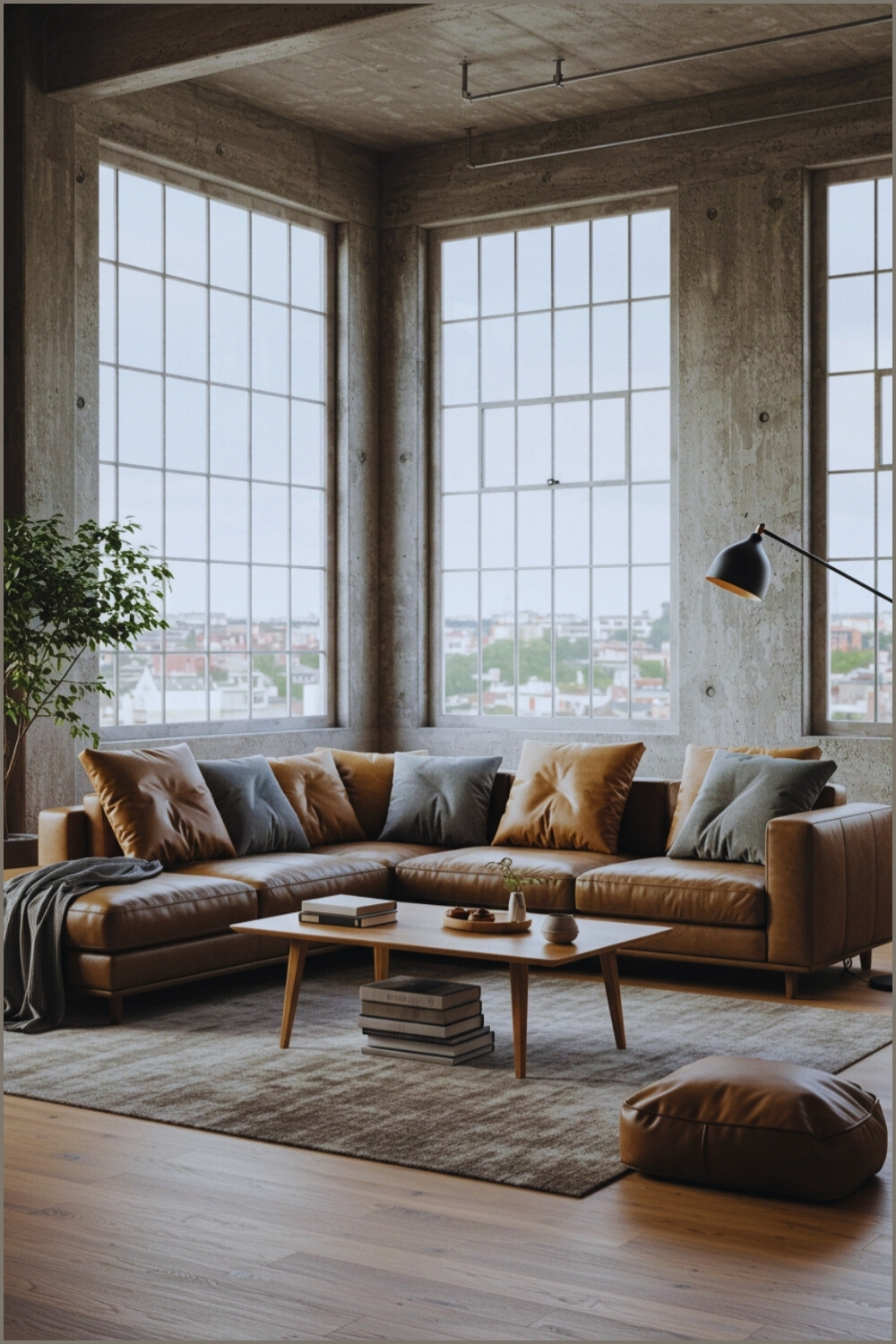 Stylish Living Room Leather Sectional Sofa Neutral Pillows