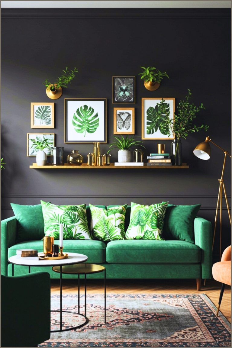 Stylish Moody Living Room Dark Walls Green Velvet 