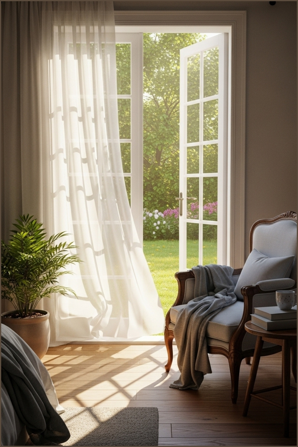Sunlit Bedroom Corner With Sheer White Curtains Flowing By A French Window