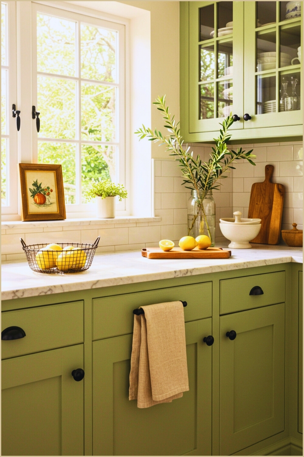 Sunlit Cottage Kitchen Sage-green Shaker Cabinets