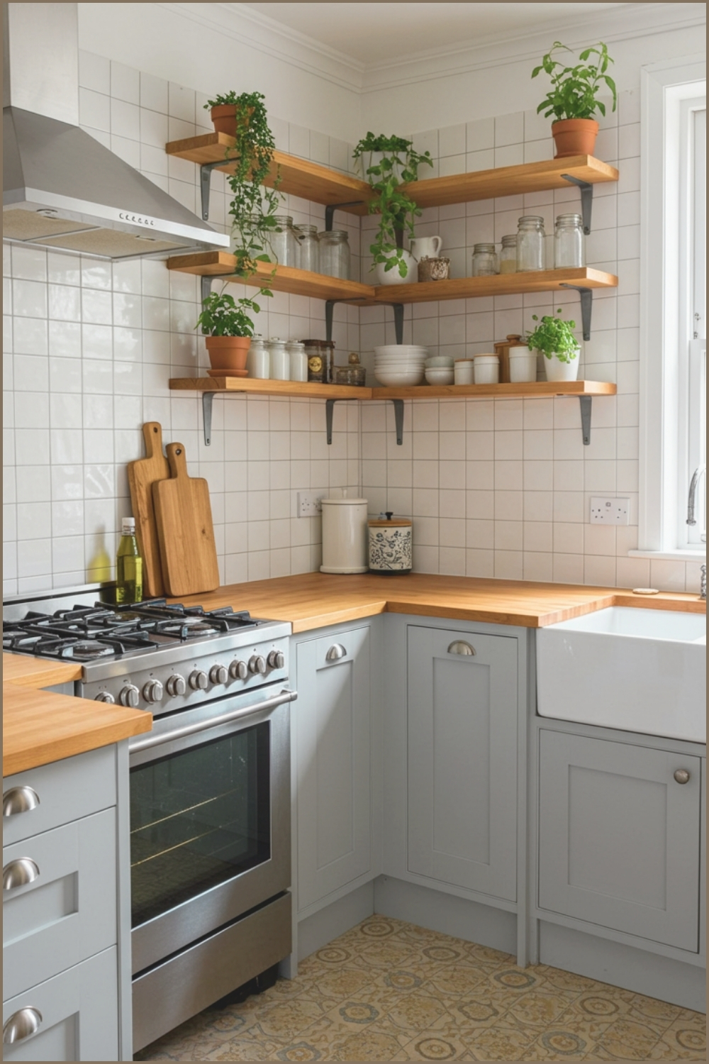 Sunlit Kitchen With Gray Shaker Cabinets