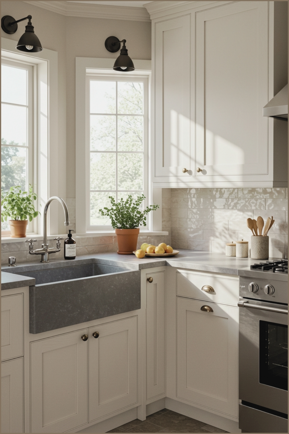 Sunlit L-shaped Kitchen With Off-white Shaker Cabinets