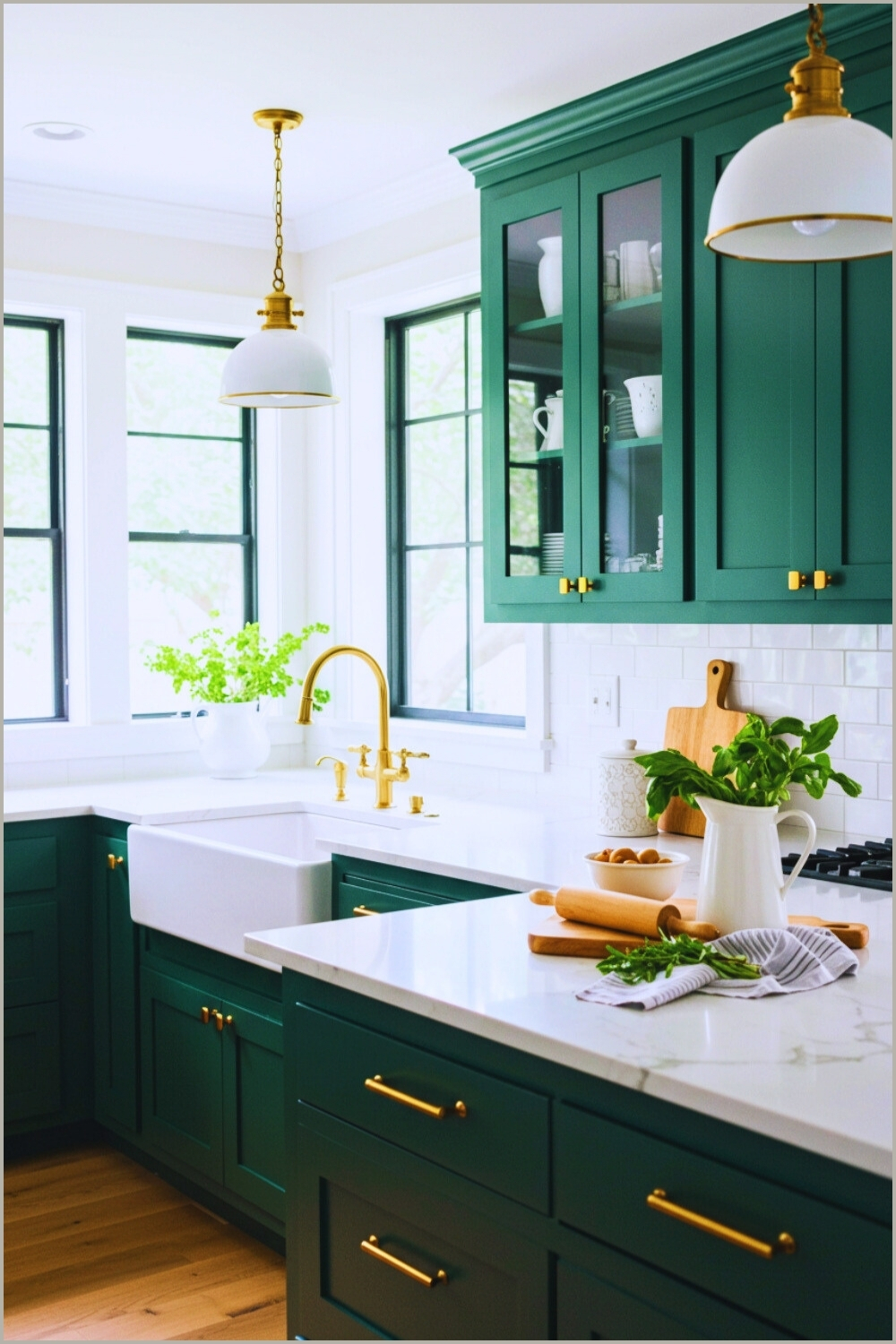 Sunlit Transitional Kitchen Emerald Shakers