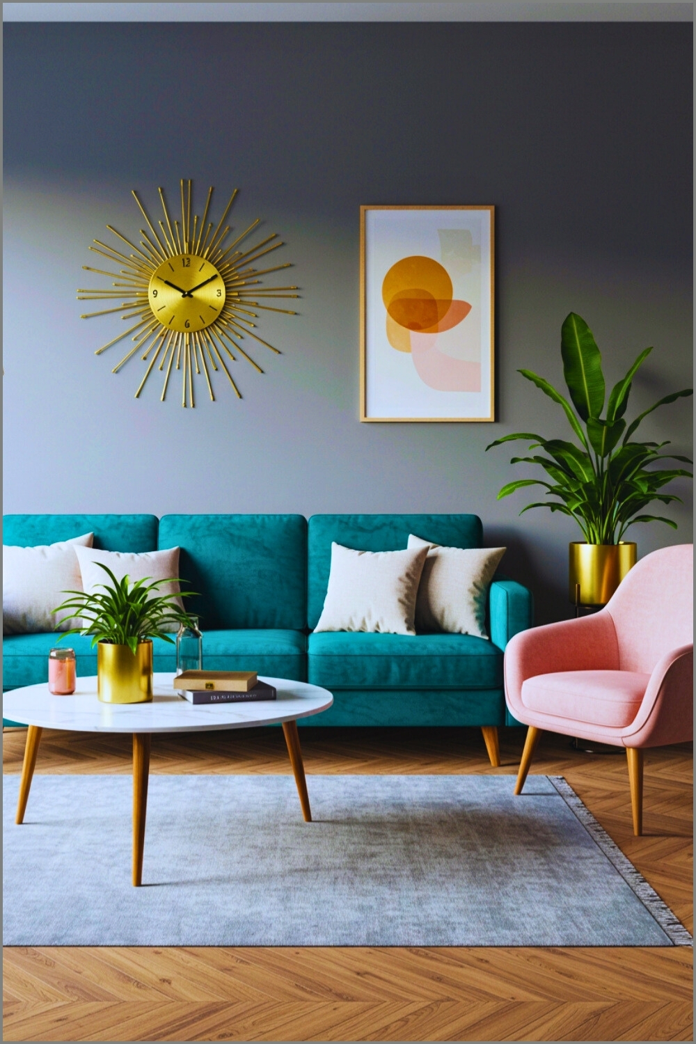 Teal Velvet Sofa Neutral Pillows Pink Accent Chair
