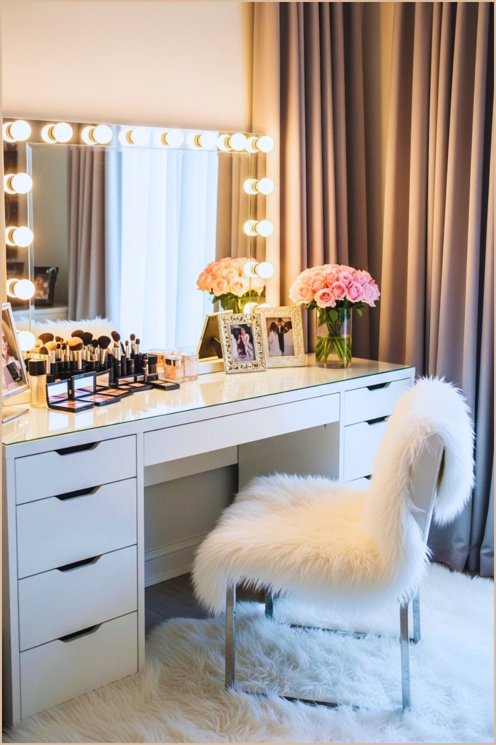 This Chic Vanity Corner Features A Glowing Hollywood Mirror Framed