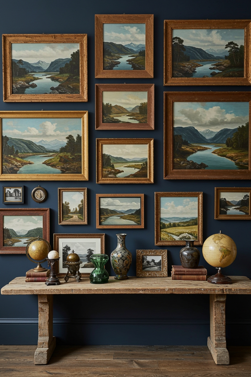 This-Image-Showcases-A-Sophisticated-Gallery-Wall-With-An-Eclectic-Mix-Of-Framed-Art