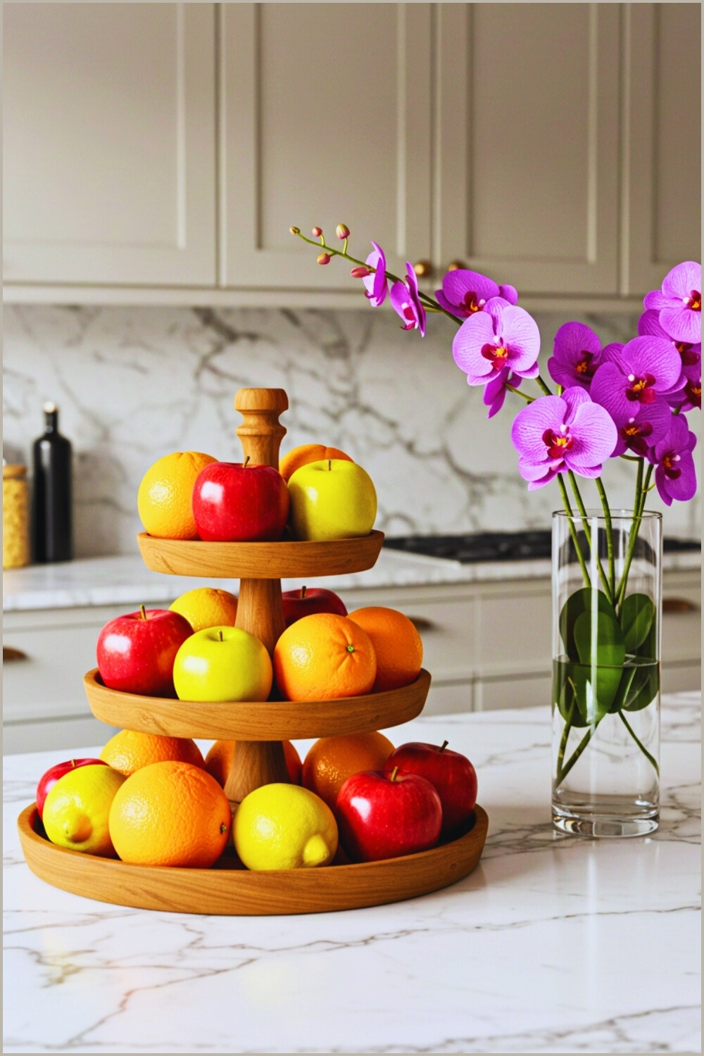 Tiered Fruit Stand Vibrant Apples Kitchen Counter