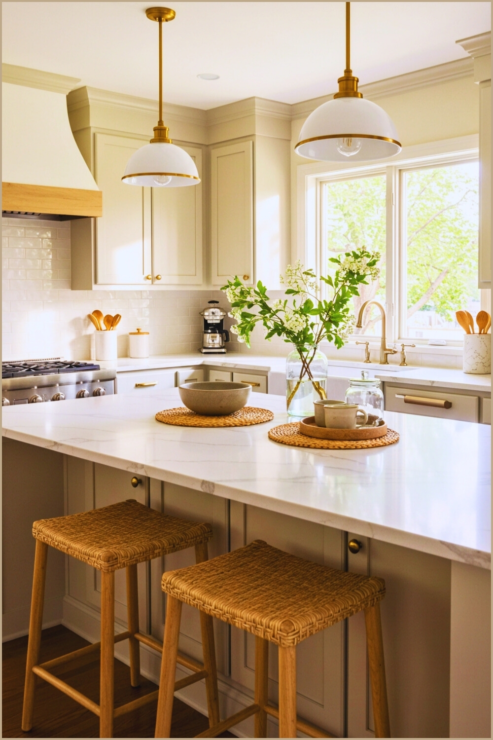 Transitional Kitchen Greige Shaker Cabinets Brass Pulls