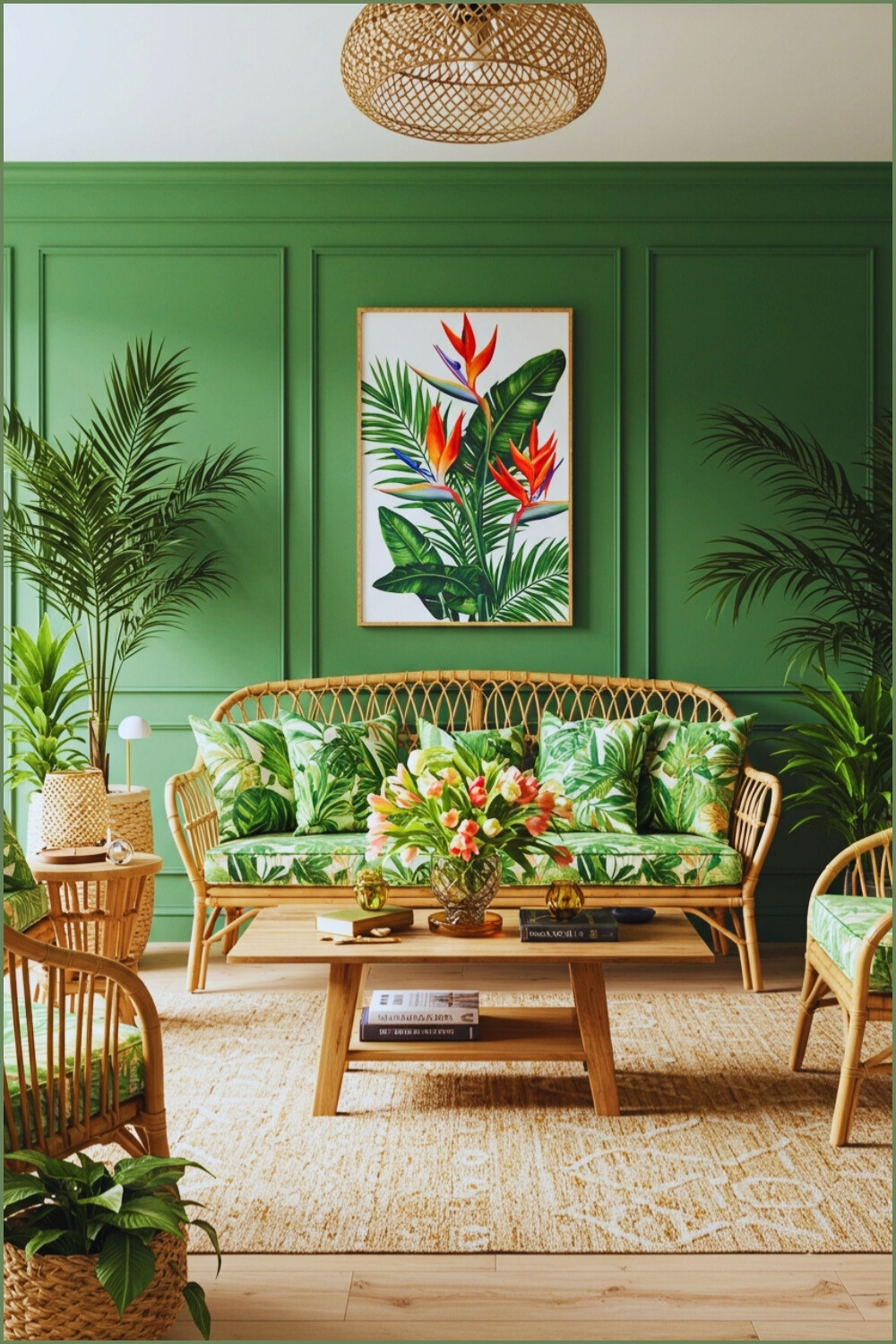 Tropical Living Room Green Walls And Rattan Furniture