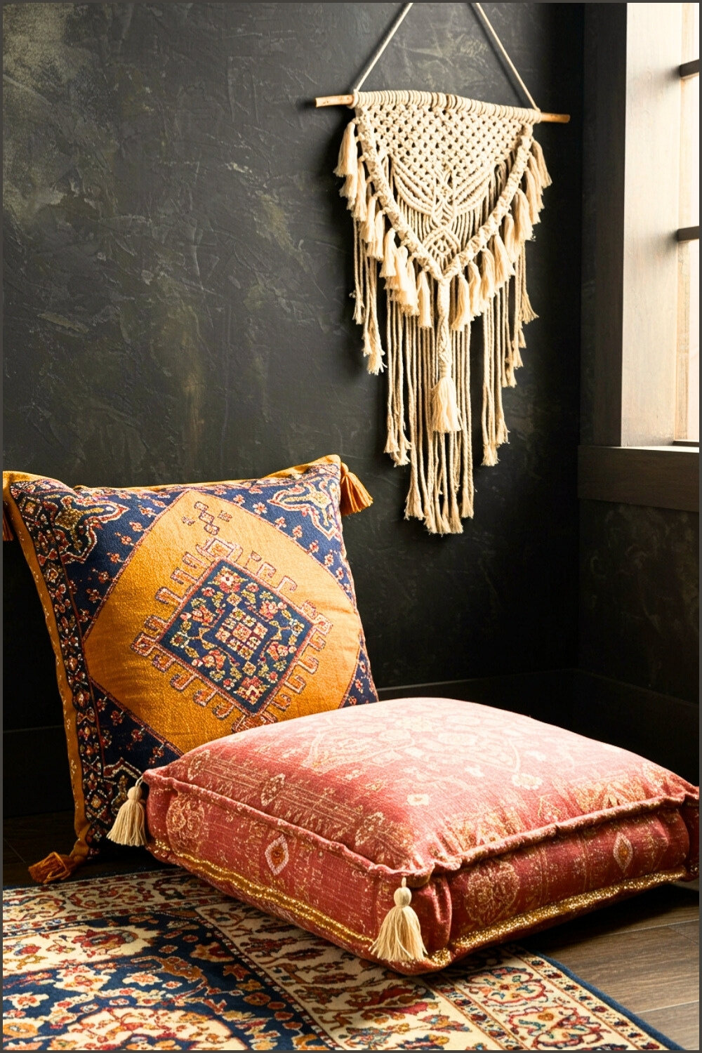 Two Beautiful Floor Cushions Intricate Designs Against Dark Background
