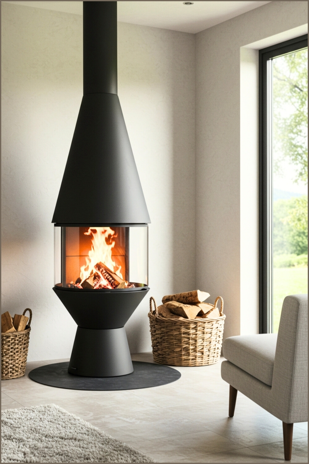 Unique Cozy Cone-shaped Modern Fireplace Centerpiece