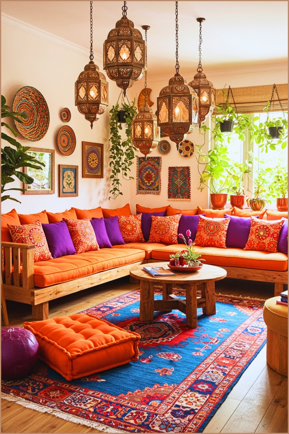 Vibrant Bohemian Living Room Wooden Sectional Sofa And Orange Cushions